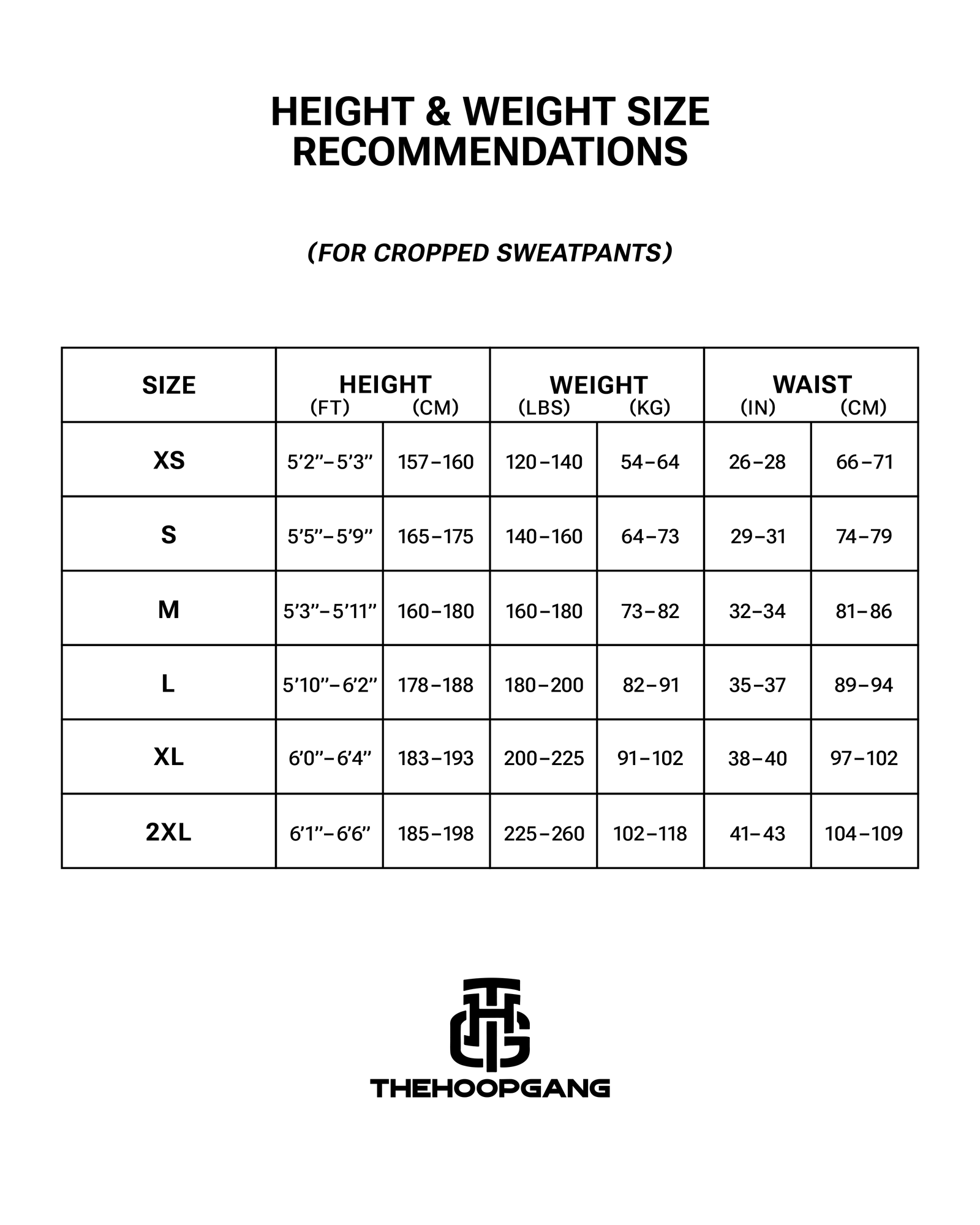 THG Cropped Sweatpants size chart