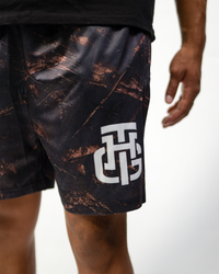 Dark Camo Shorts, THG logo close-up