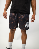 Dark Camo Shorts, front close-up on model