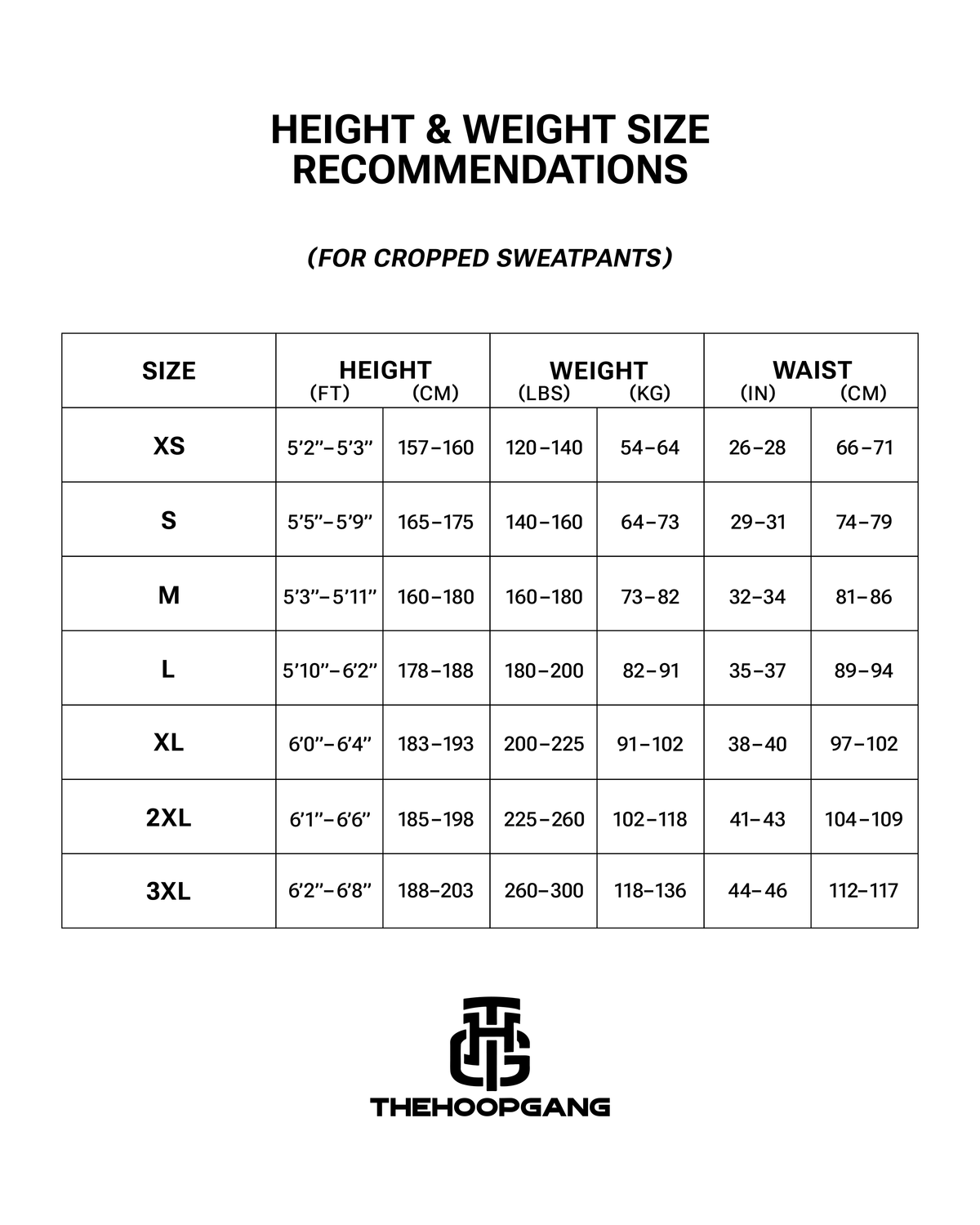 THG クロップドスウェットパンツ size chart, inches