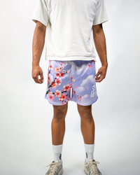 Lavender Blossom Shorts, front close-up on model