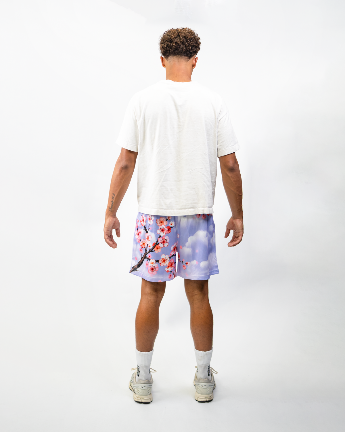Lavender Blossom Shorts on model, back view