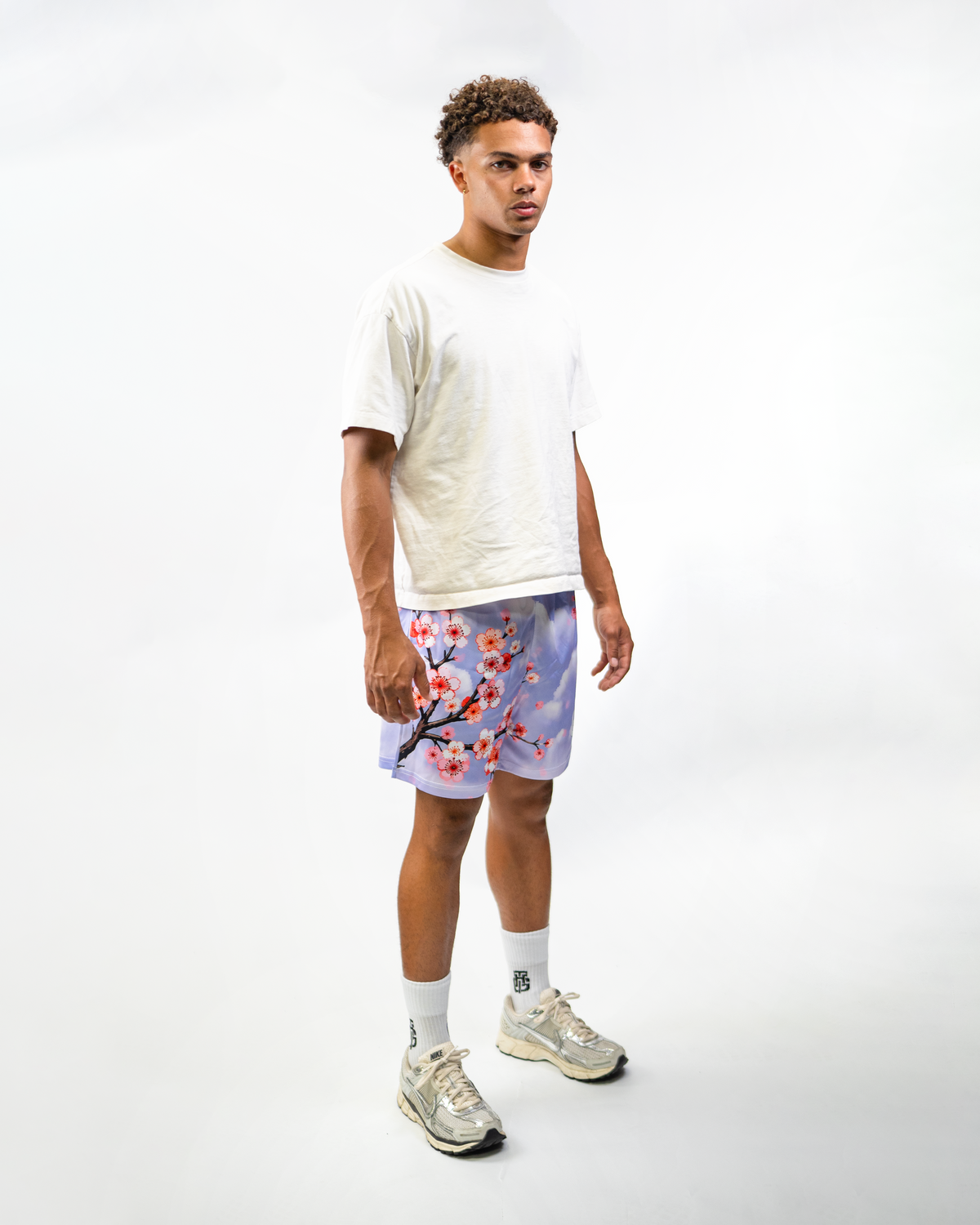 Lavender Blossom Shorts on model, three-quarter view