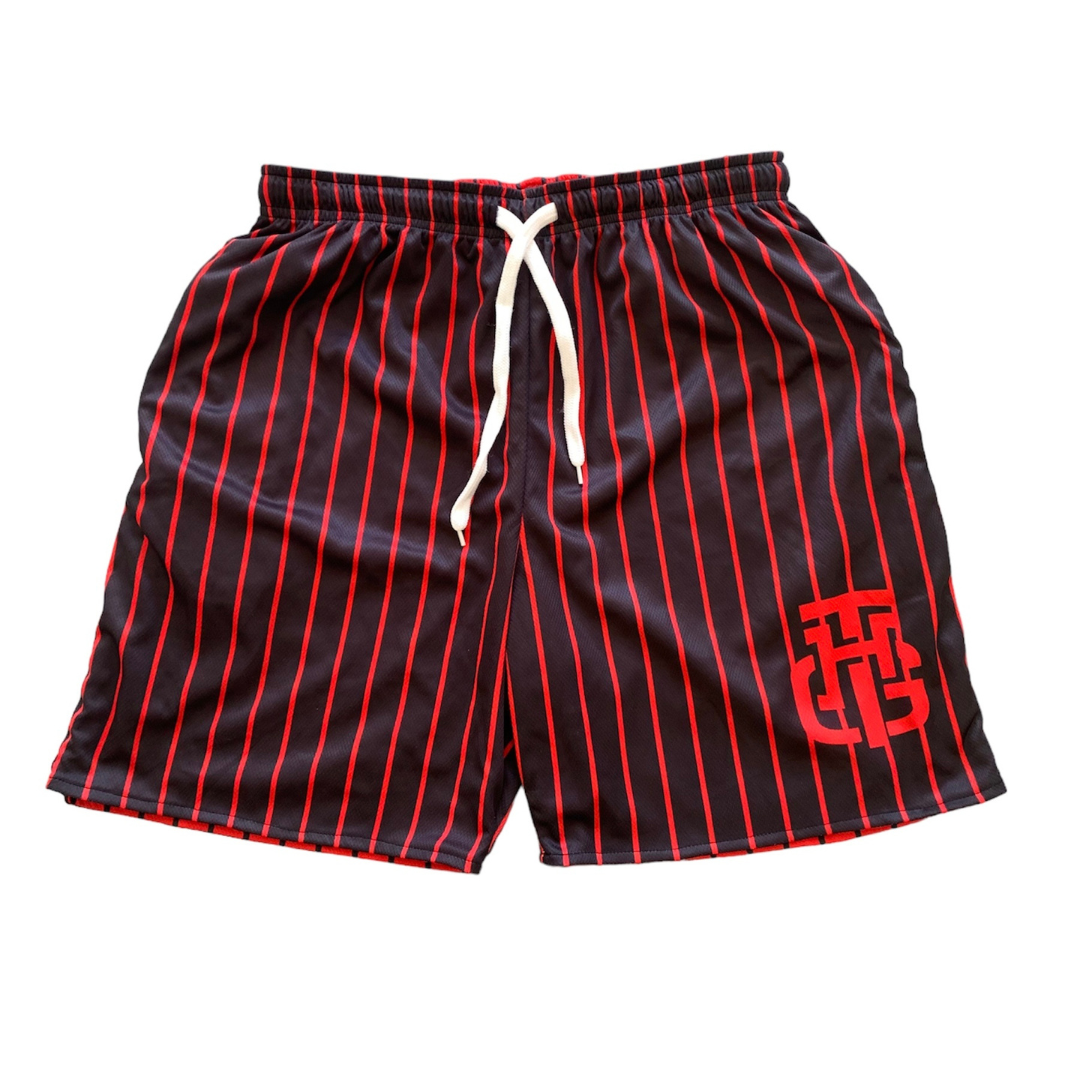 Red and black striped shorts sales