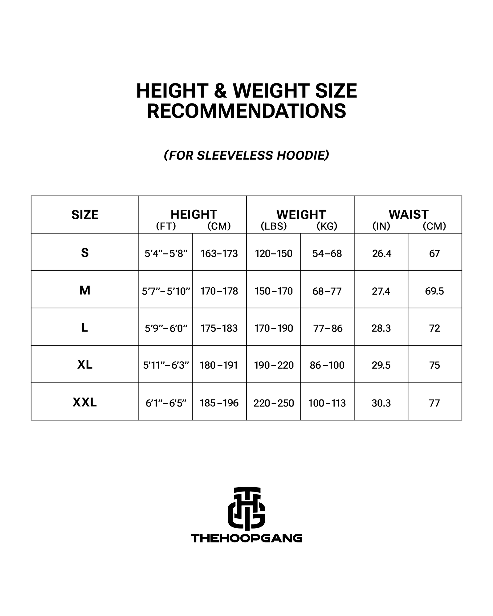 Sleeveless Hoodie size chart