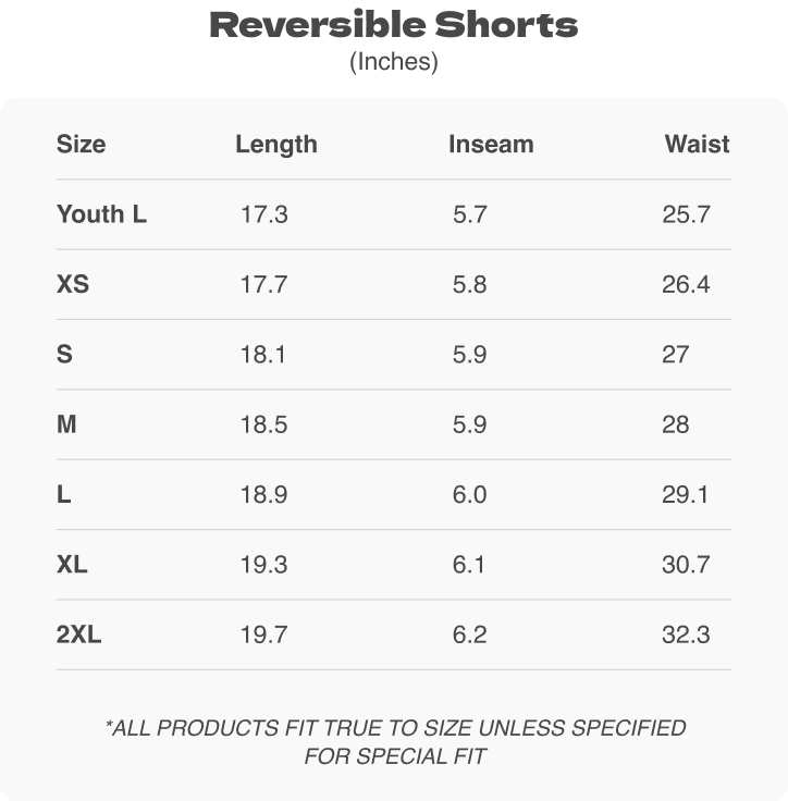 Reversible Shorts size chart