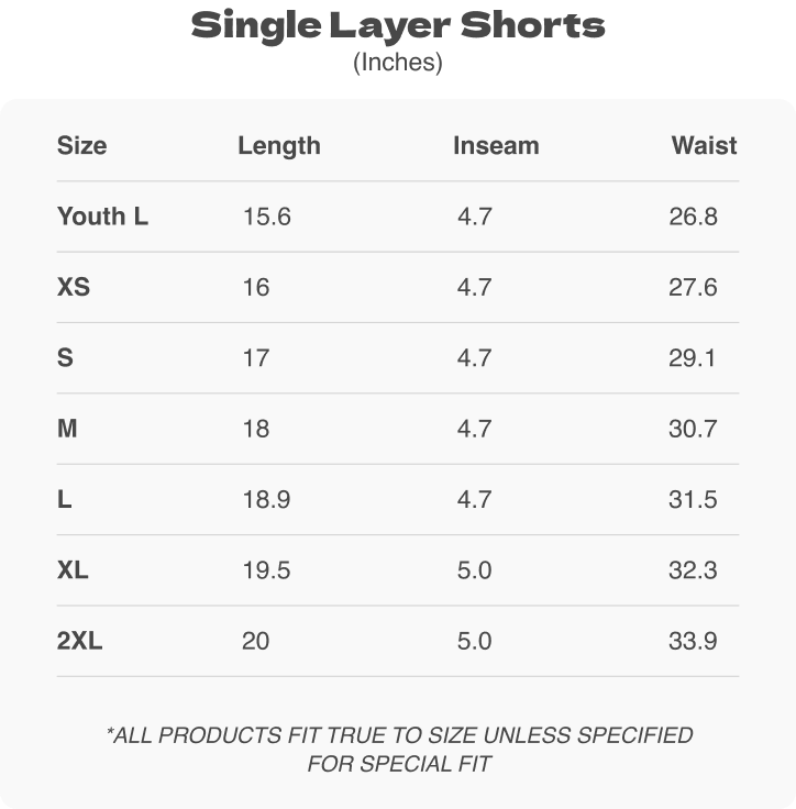 Cloud Shorts size chart