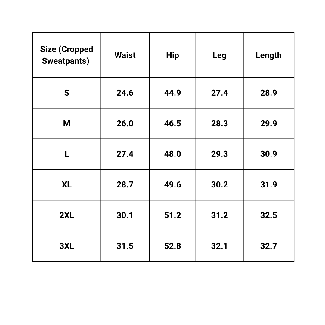 THG MYSTERY CROPPED SWEATPANTS size chart