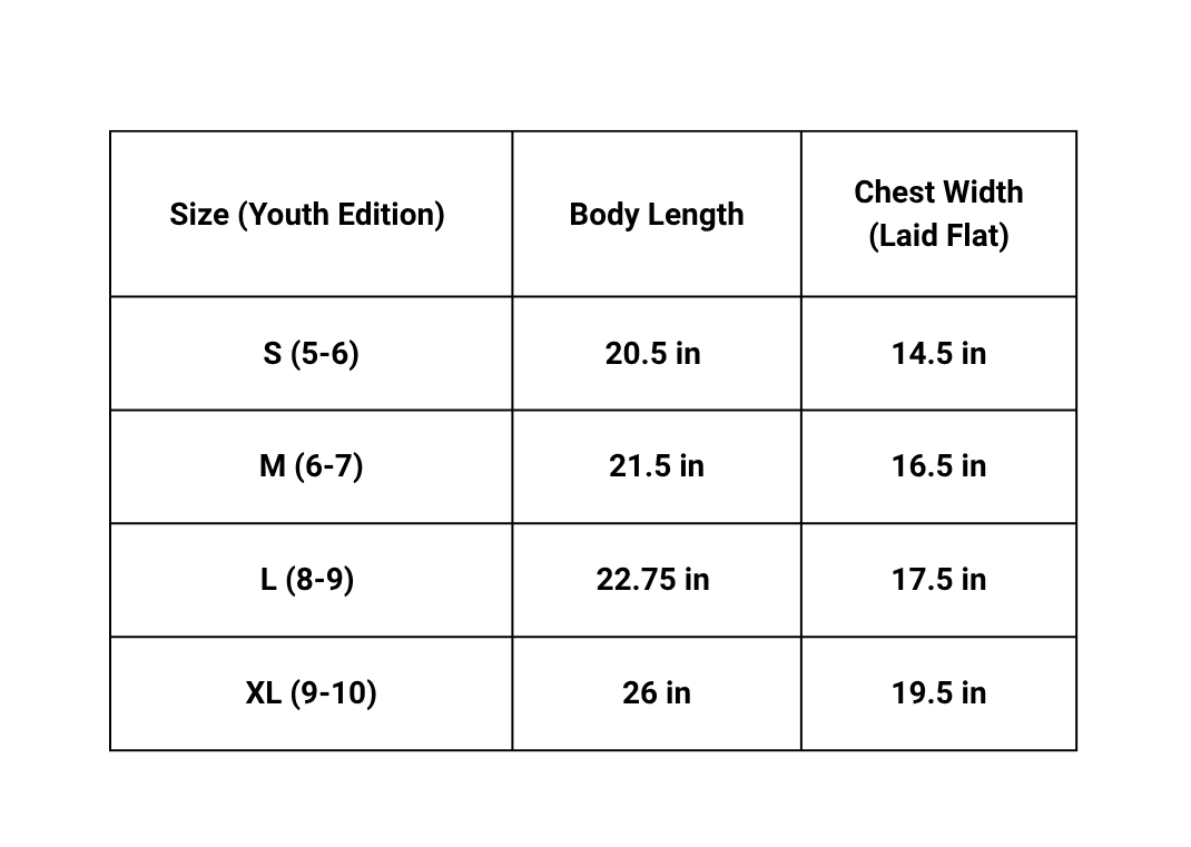 Size Chart - PEANUT BUTTER YOUTH SHIRT