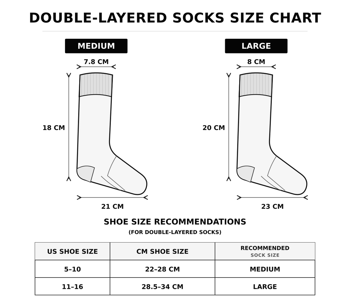 THG DOUBLE LAYERED SOCK size chart