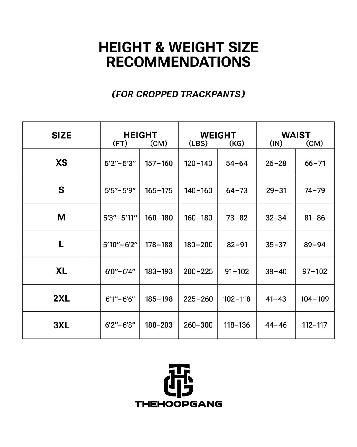 THG Cropped Trackpants size chart