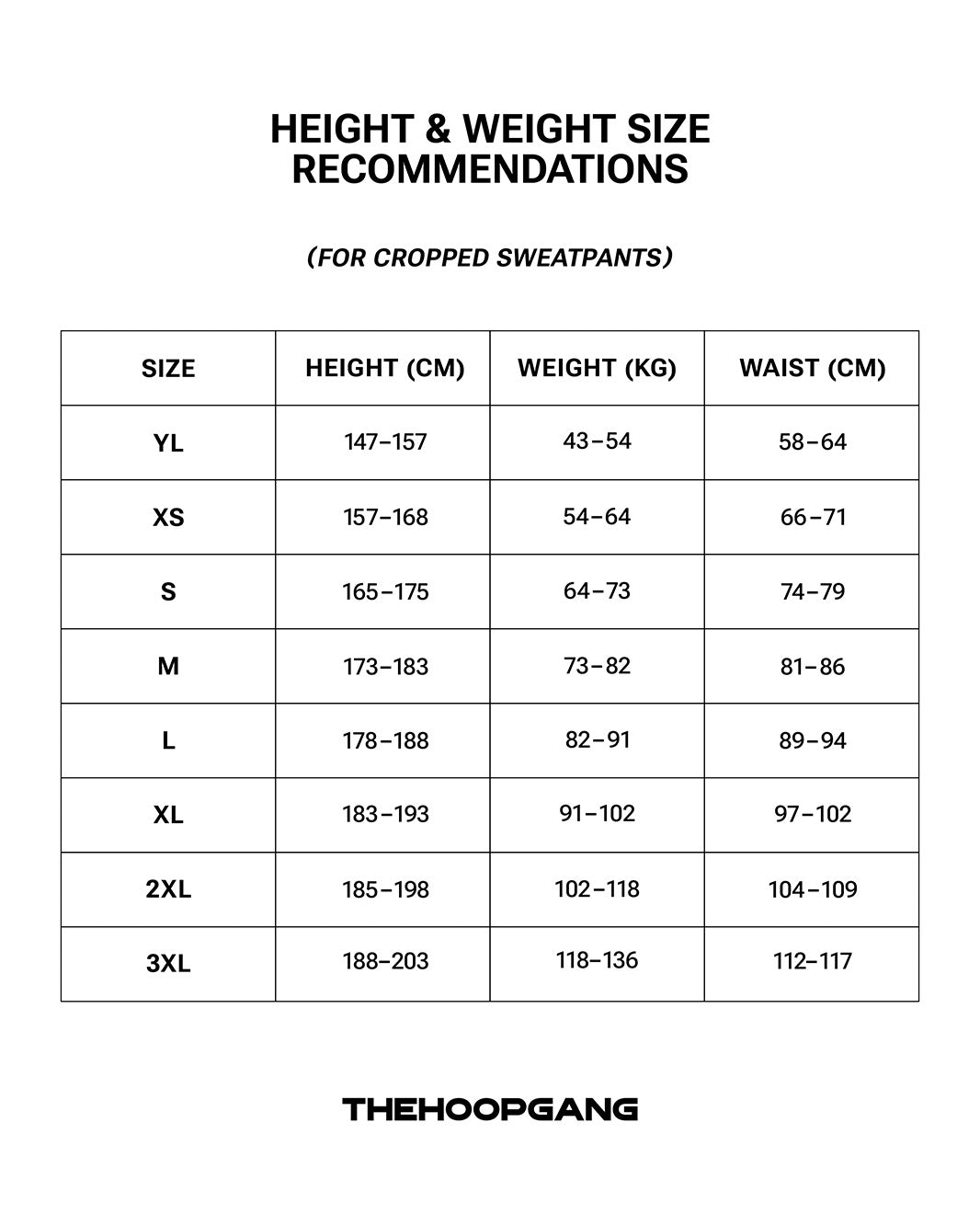 THG Cropped Sweatpants size chart, centimeters
