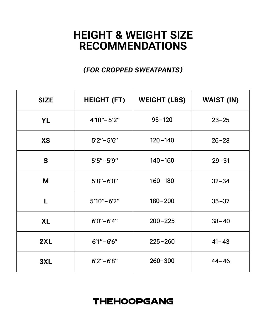 THG Cropped Sweatpants size chart, inches
