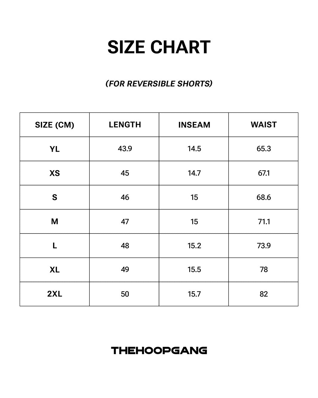 Reversible Shorts size chart, centimeters