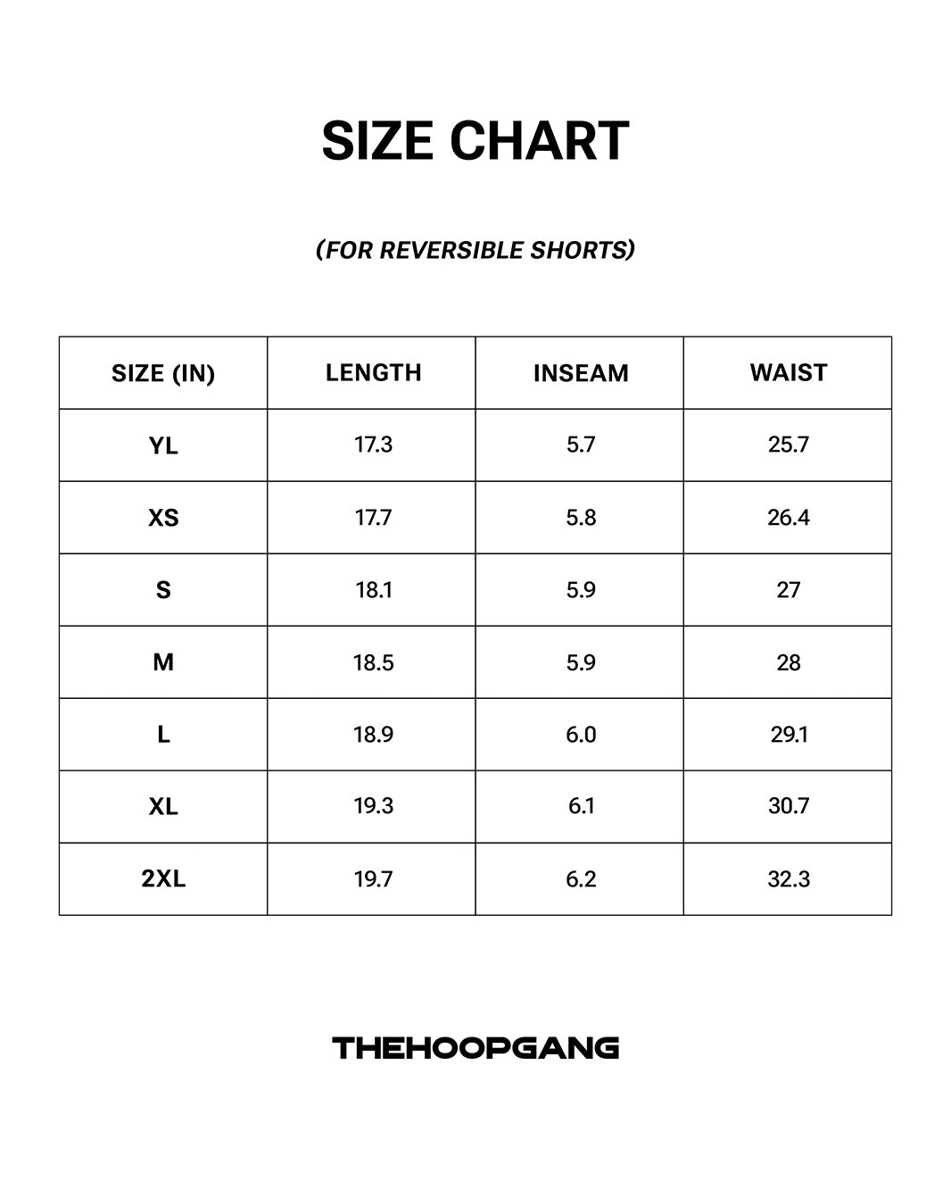 Reversible Shorts size chart, inches