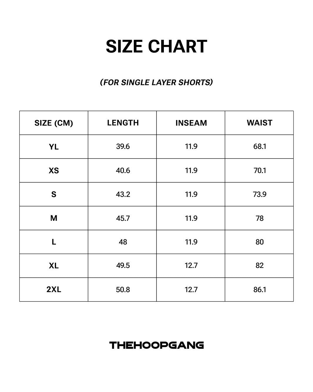 Static Shorts size chart, centimeters