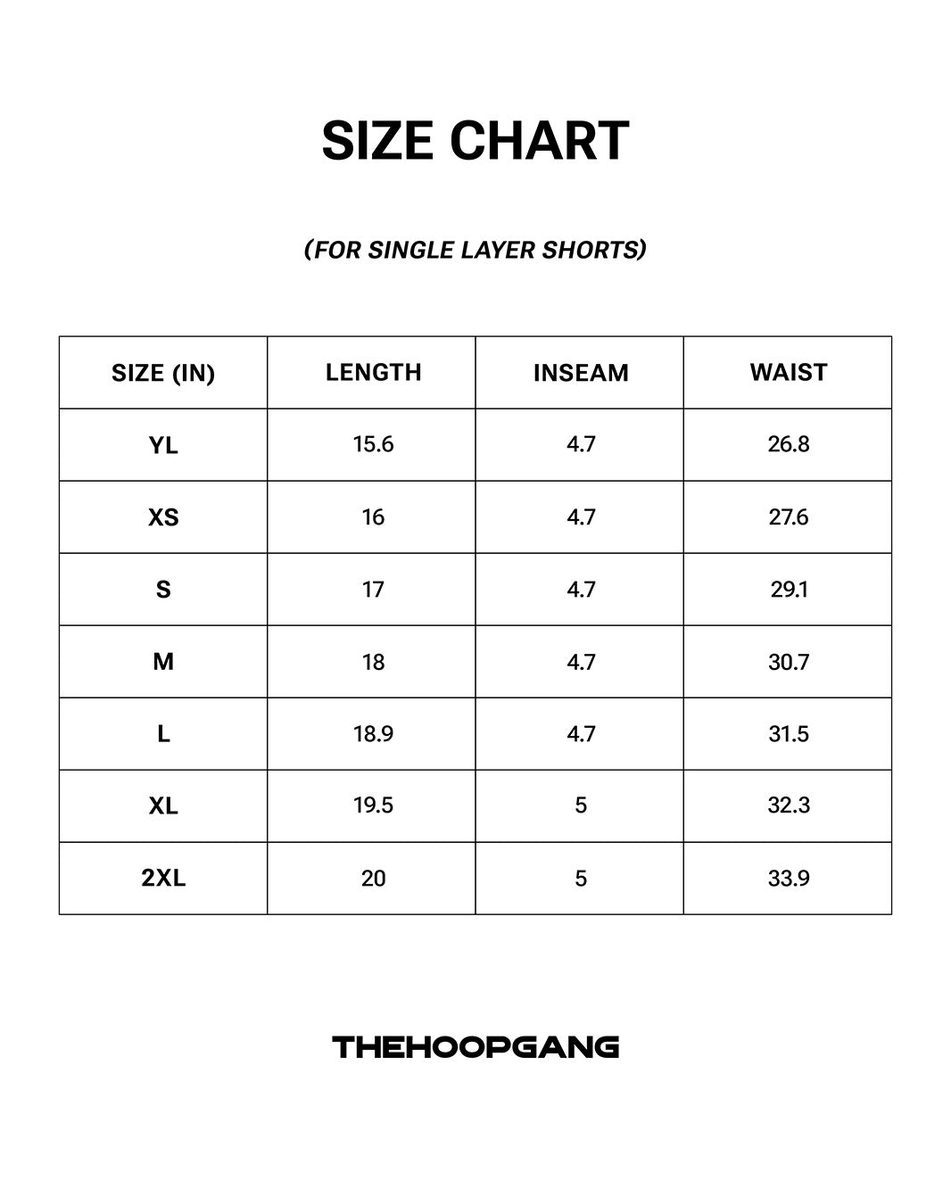 Static Shorts size chart, inches
