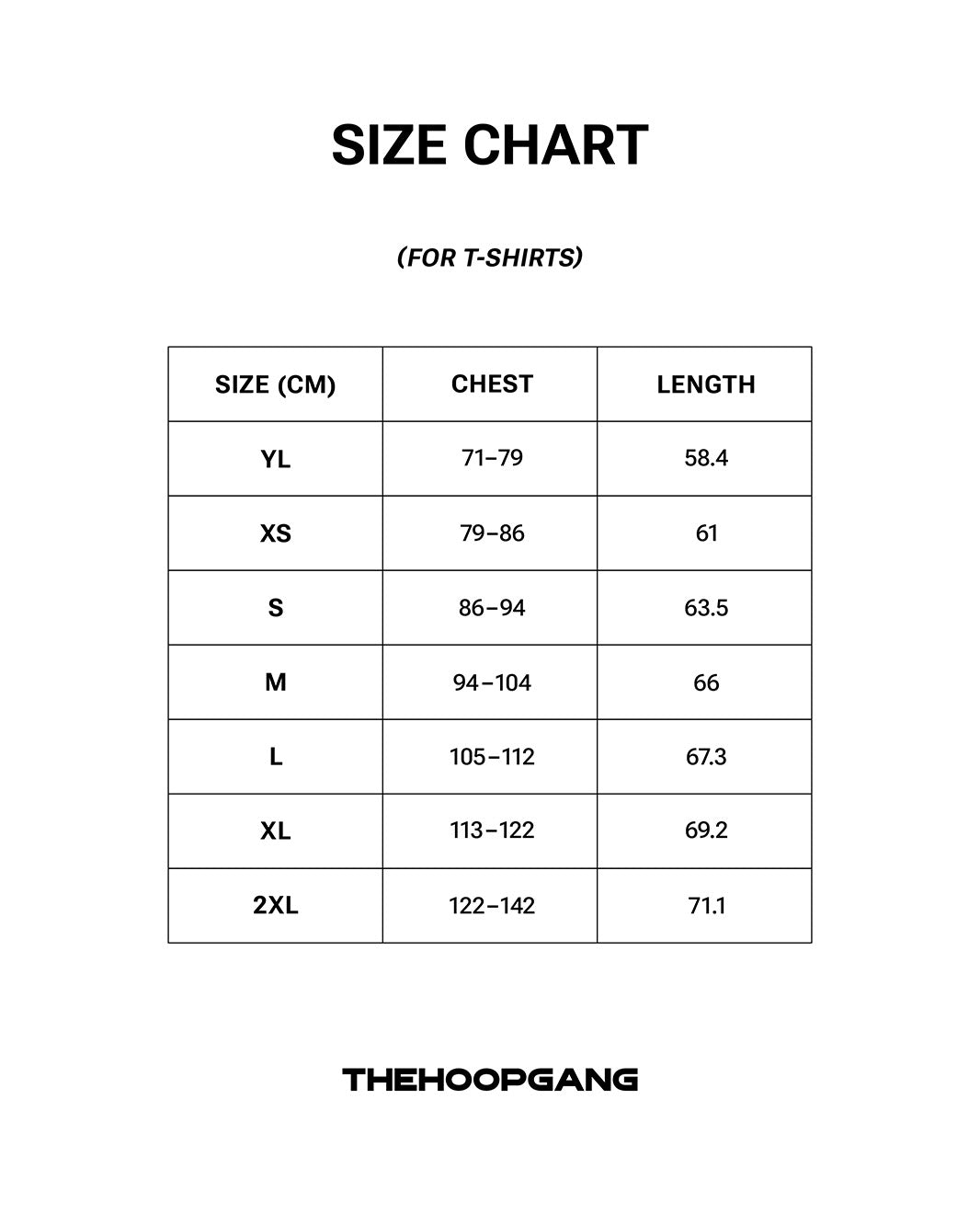 THG Shirts Mix & Match size chart, centimeters