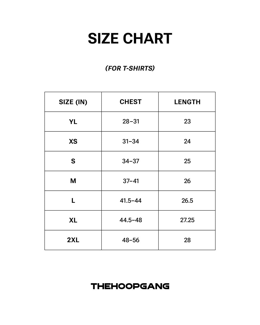 THG Shirts Mix & Match size chart, inches